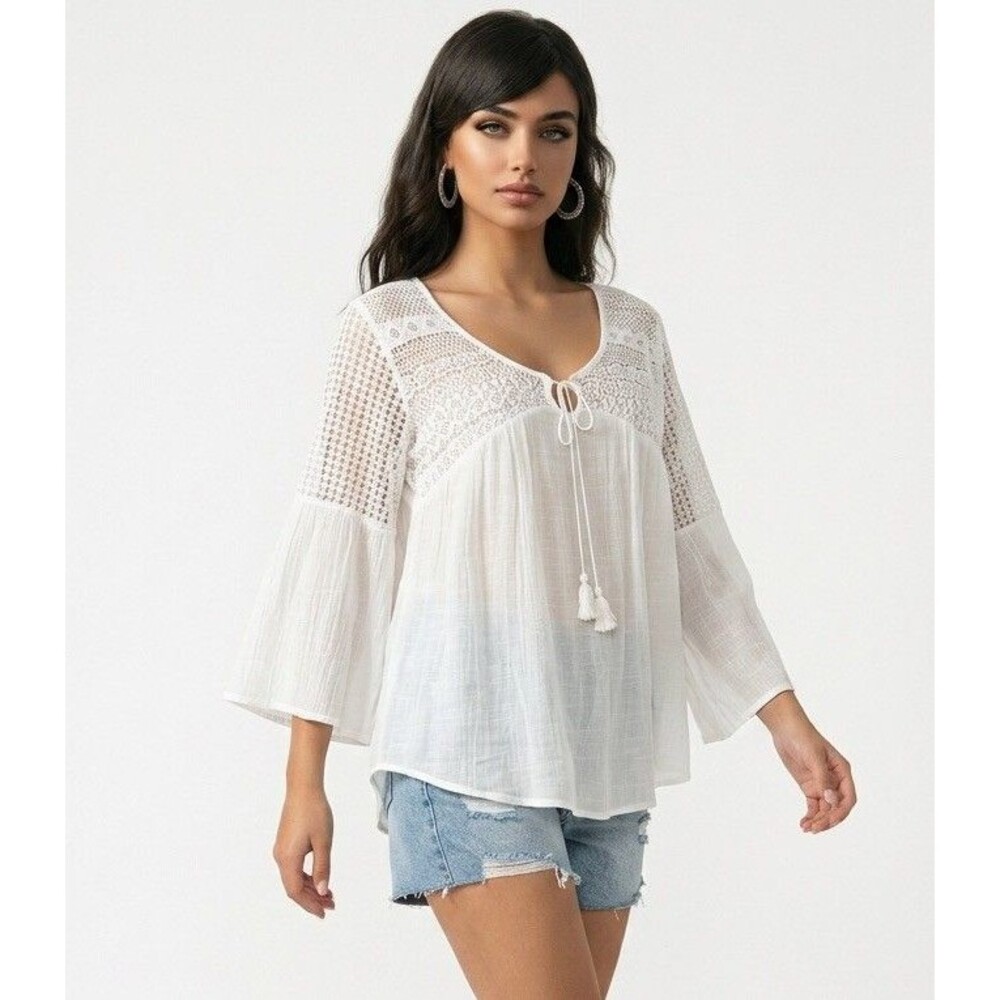 Unique Spectrum Peasant Blouse Womens 1X White Lace Tassel Boho Resort Sheer